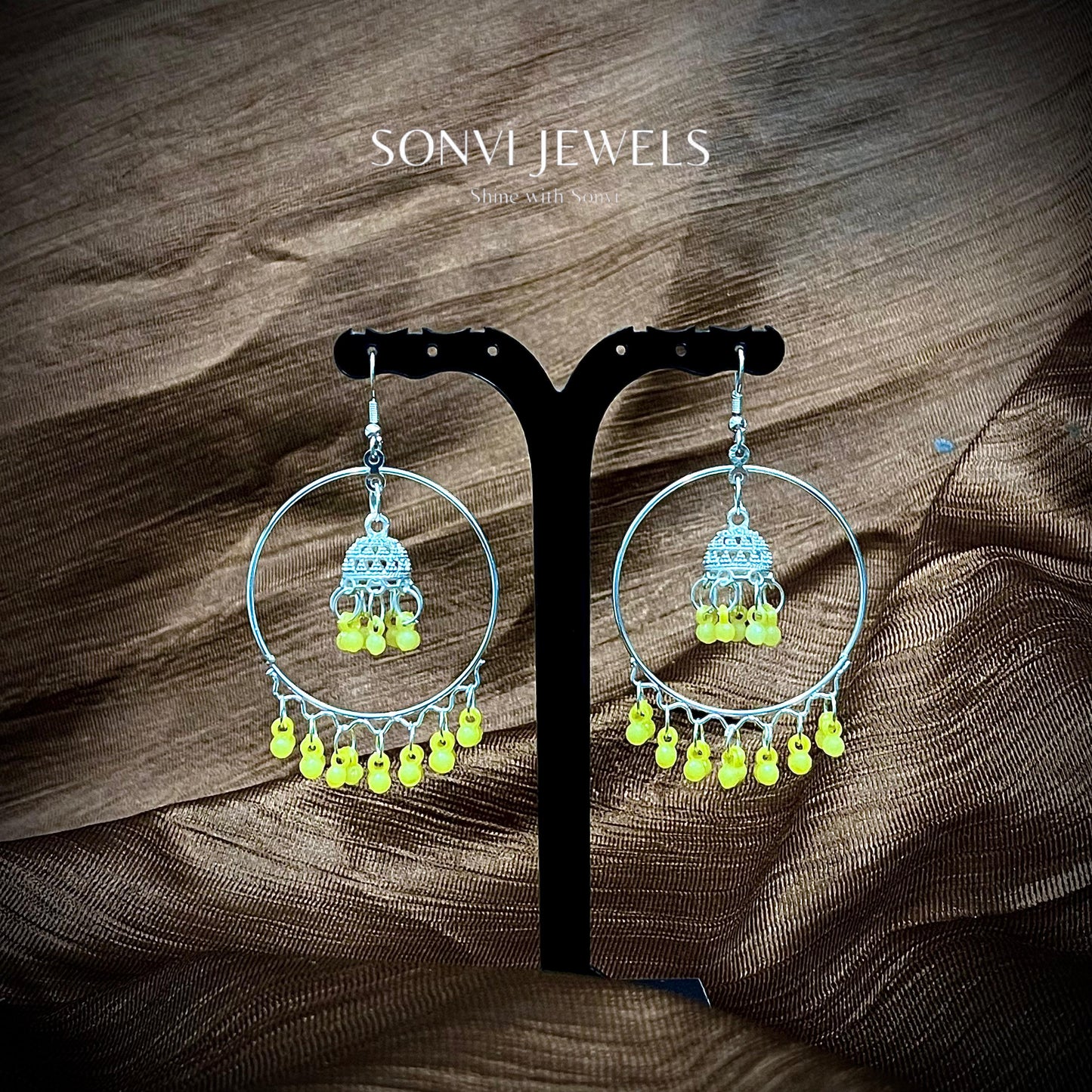 Sonvi Jewels Silver Hoop Earrings With Multi Colour Beads & Dome Latkan Design