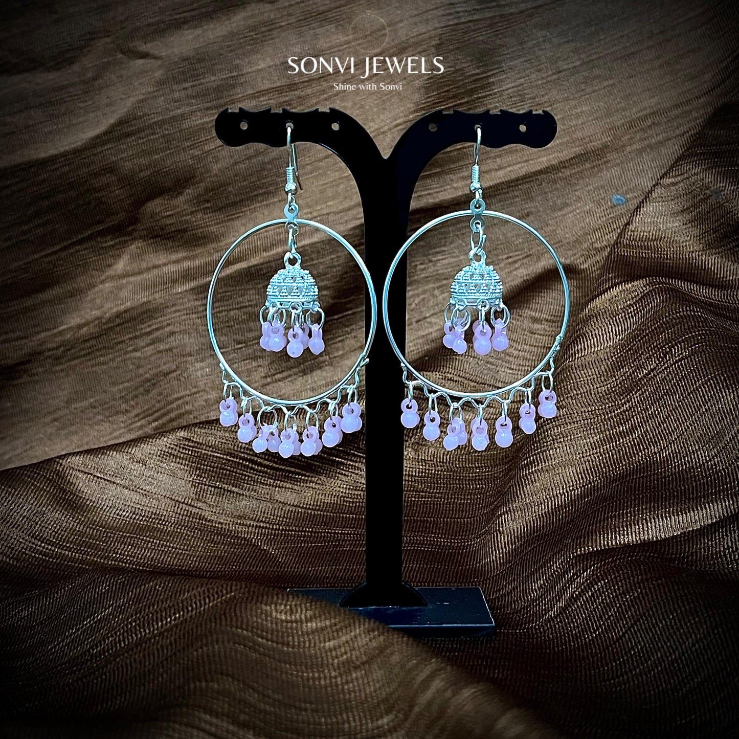 Sonvi Jewels Silver Hoop Earrings With Multi Colour Beads & Dome Latkan Design