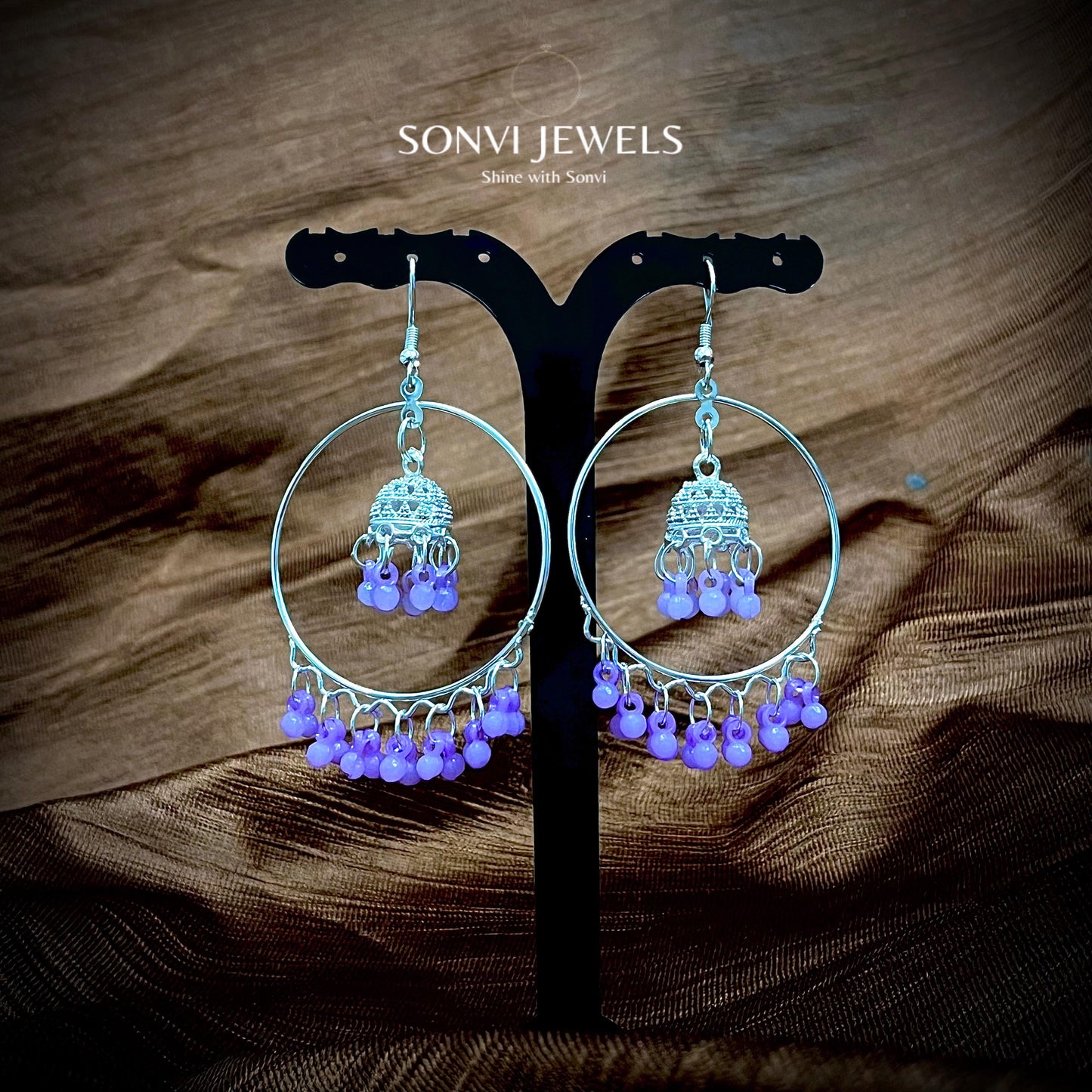 Sonvi Jewels Silver Hoop Earrings With Multi Colour Beads & Dome Latkan Design