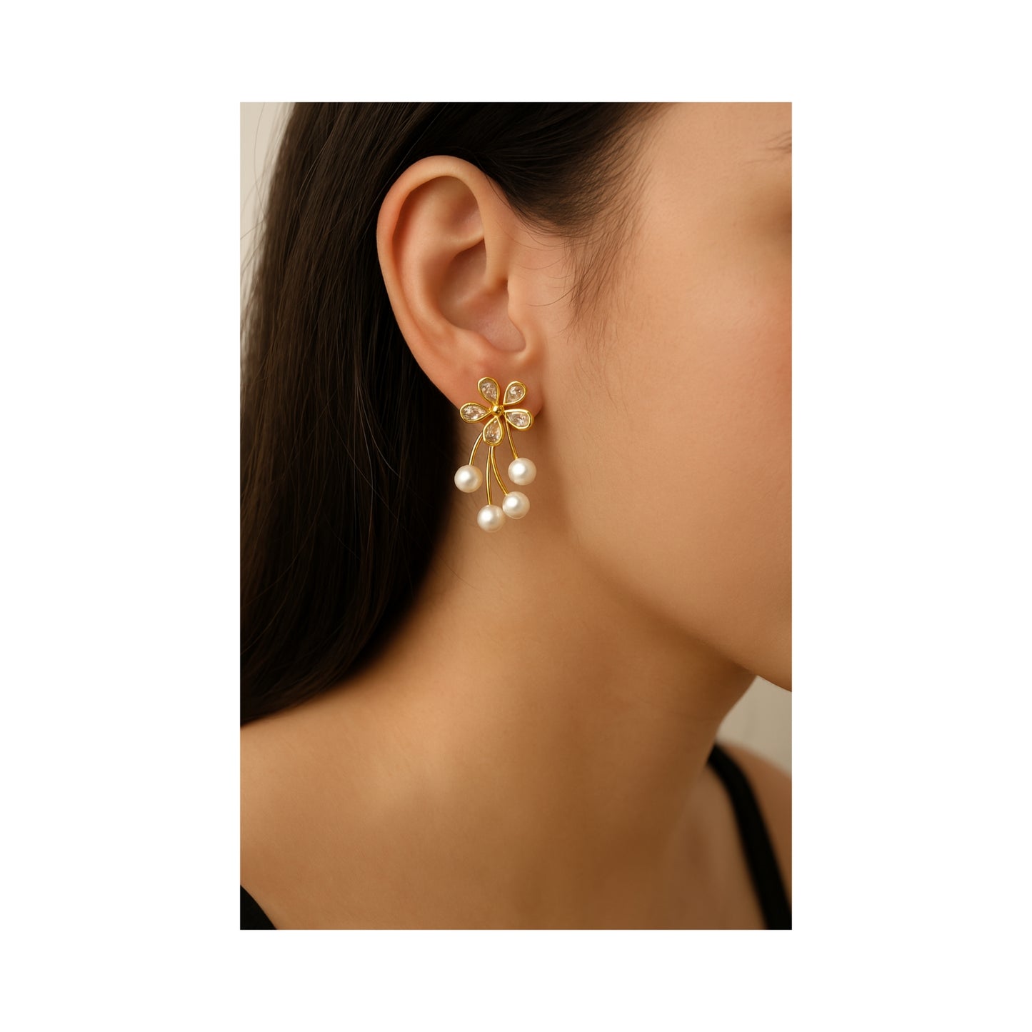 Floral Pearl Drop Earrings - Gold-Silver-Plated Elegance