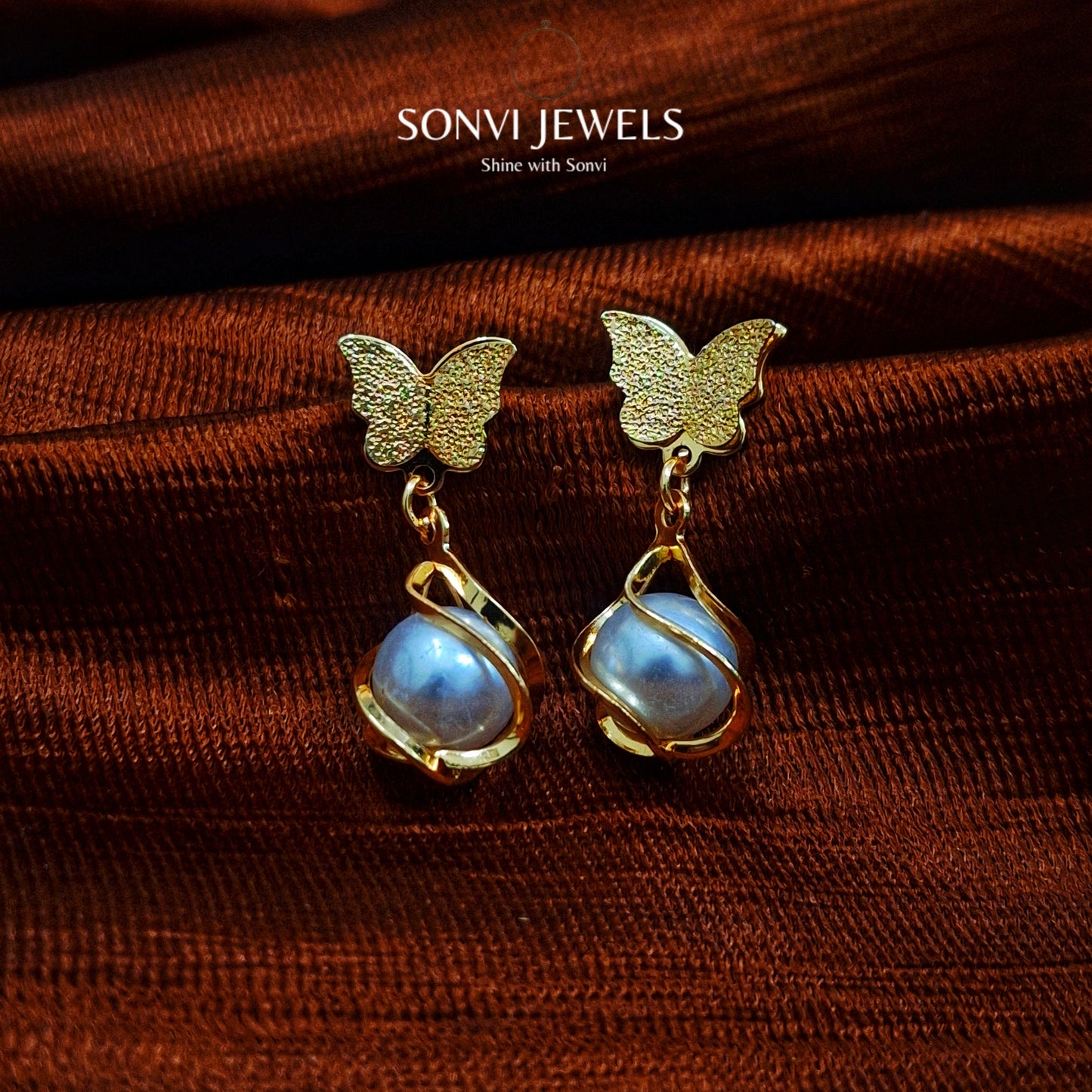 Butterfly Charm Pearl Drop Earrings - Gold, Silver Finish