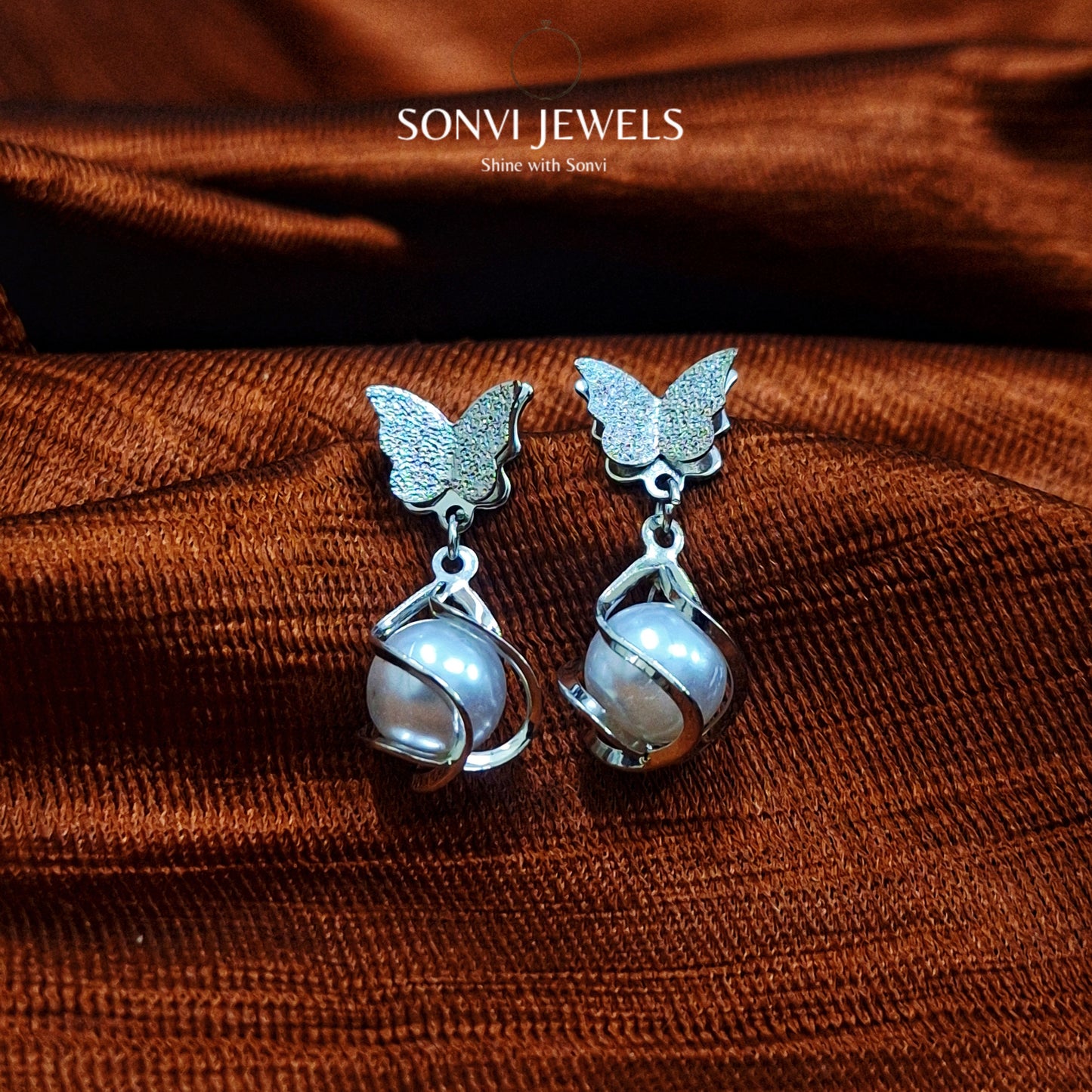 Butterfly Charm Pearl Drop Earrings - Gold, Silver Finish