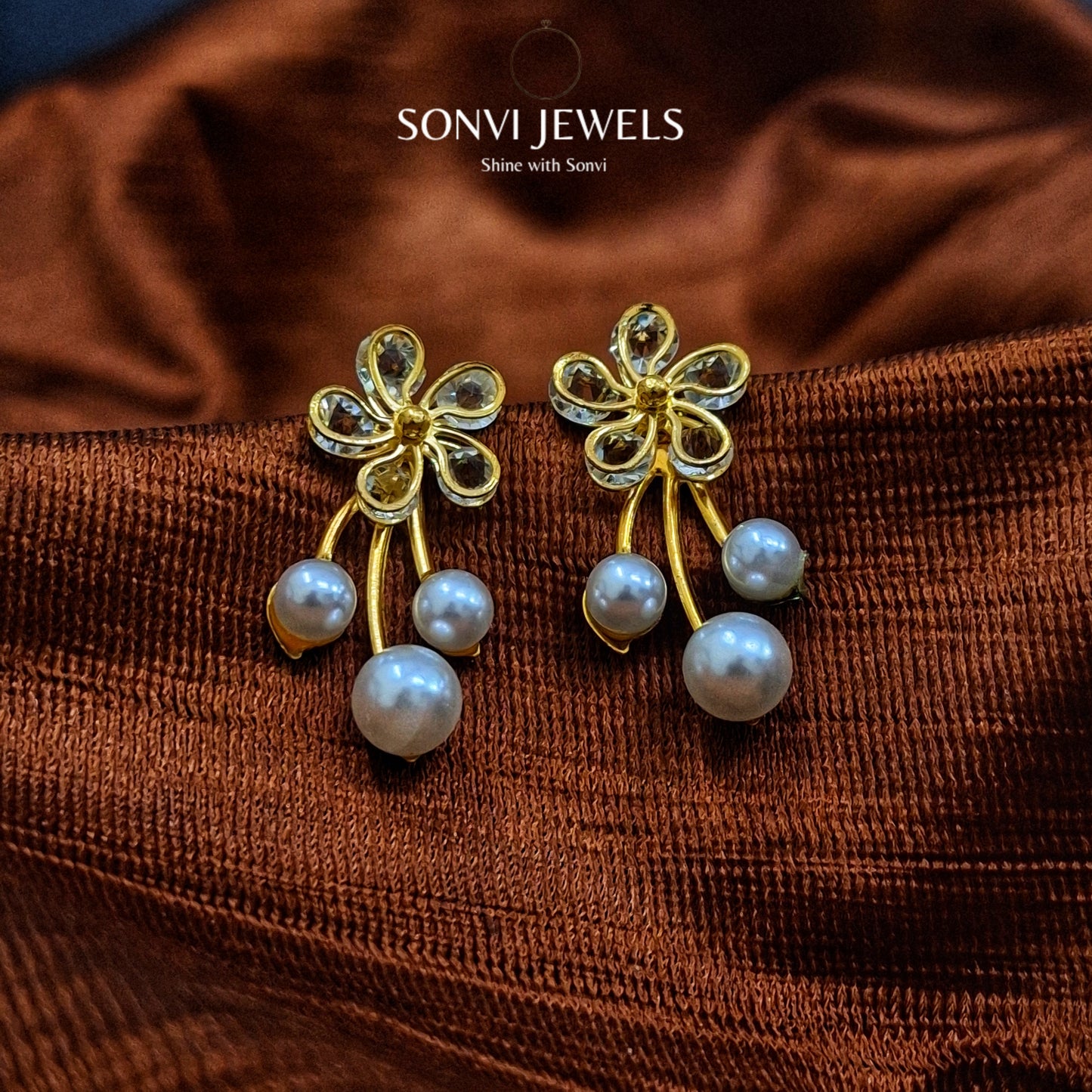 Floral Pearl Drop Earrings - Gold-Silver-Plated Elegance