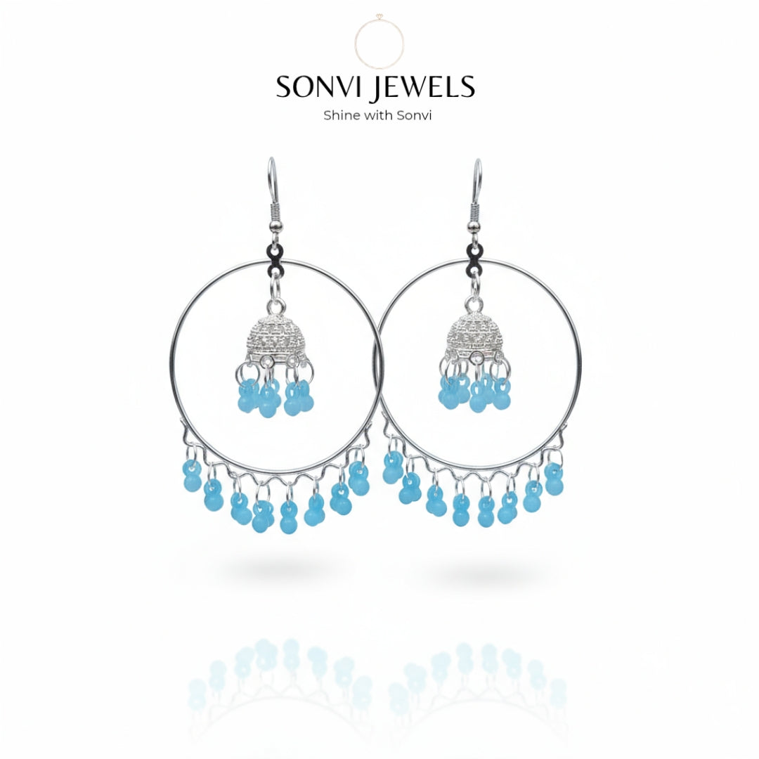 Sonvi Jewels Silver Hoop Earrings With Multi Colour Beads & Dome Latkan Design