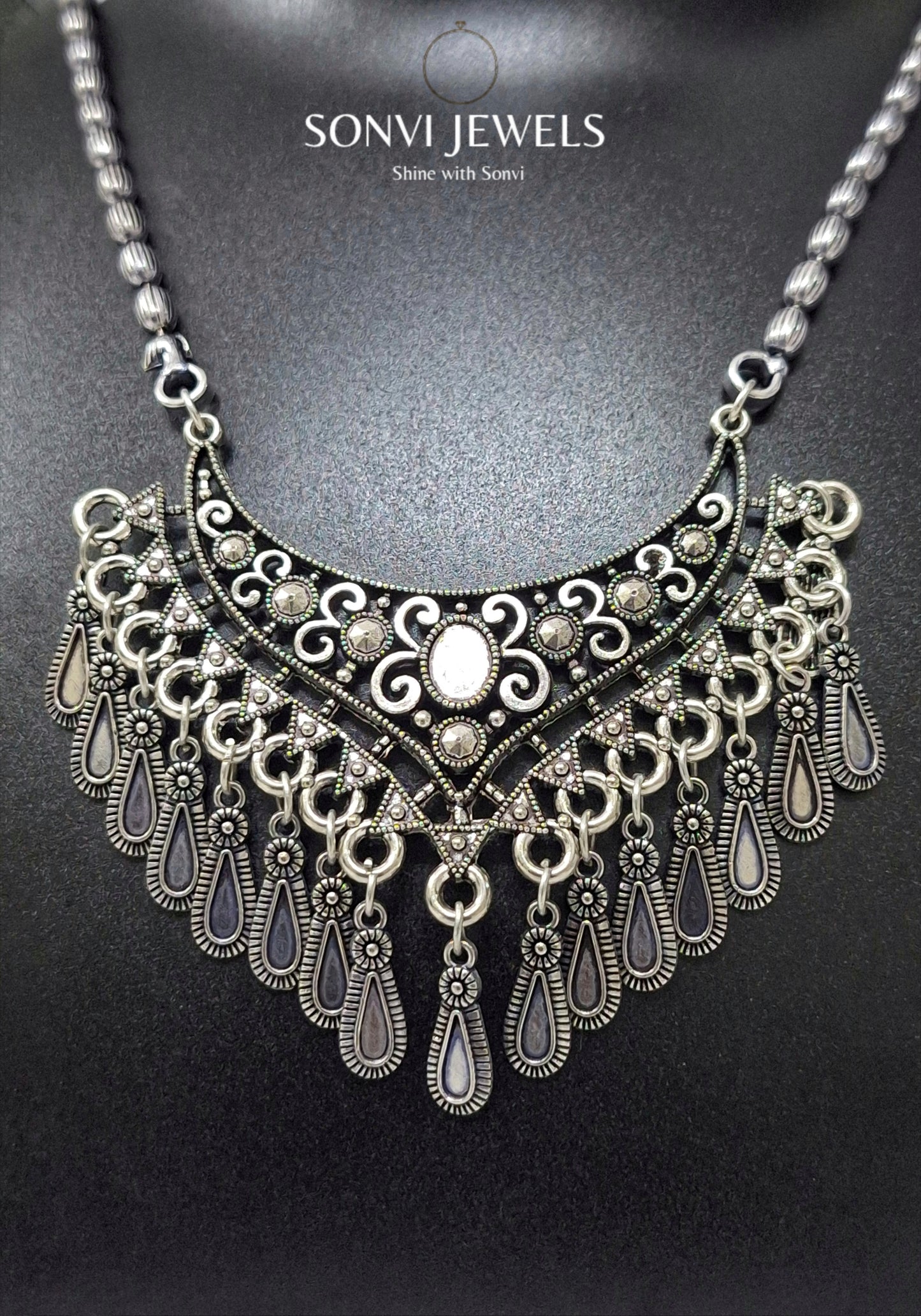 Sonvi Adira Oxidised Chandelier Necklace