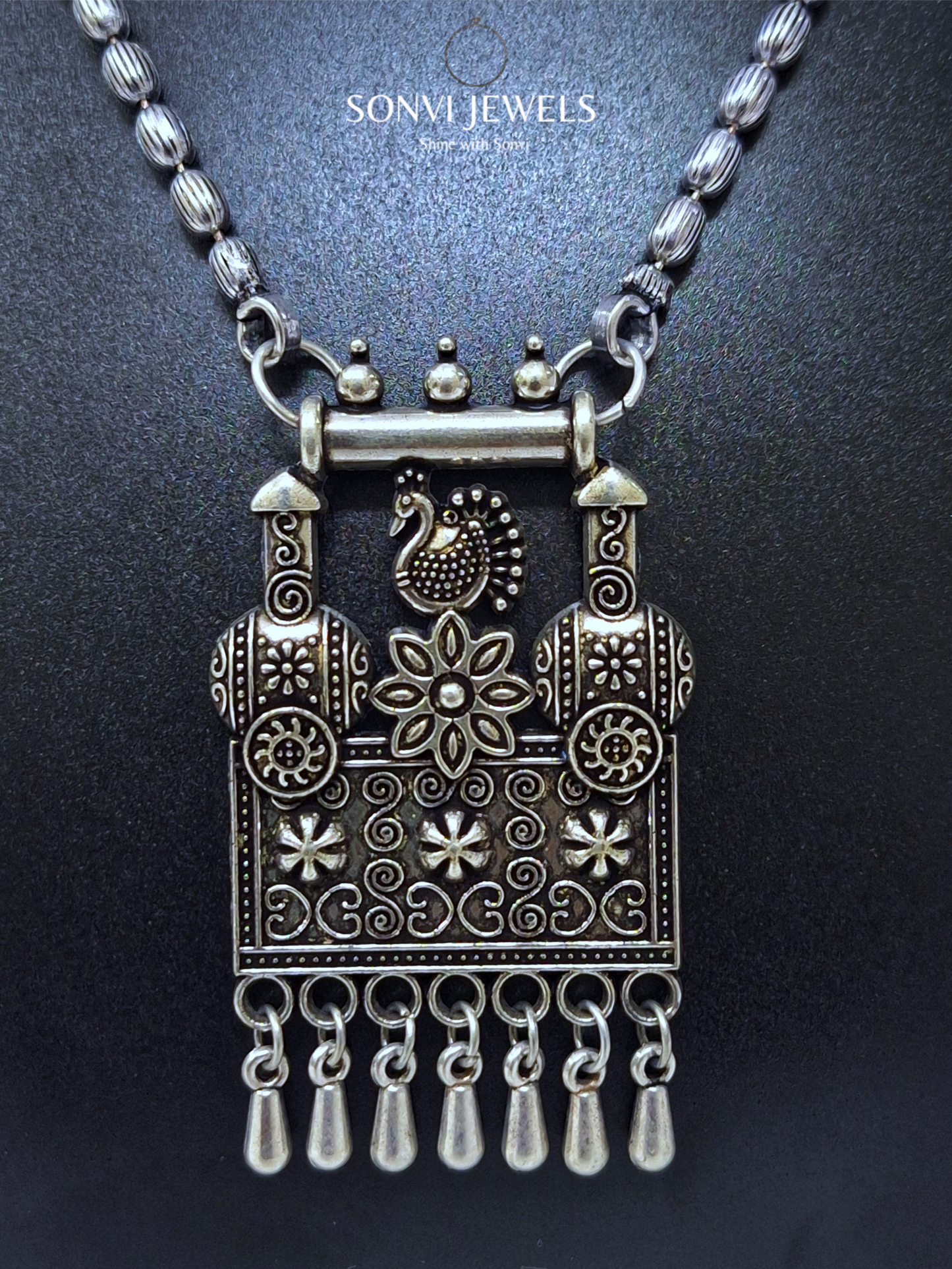 Sonvi Peacock Grace Oxidised Necklace