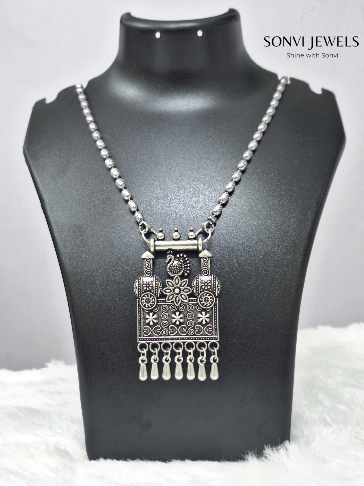 Sonvi Peacock Grace Oxidised Necklace