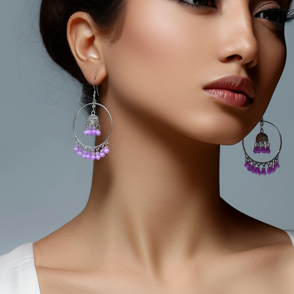 Sonvi Jewels Silver Hoop Earrings With Multi Colour Beads & Dome Latkan Design