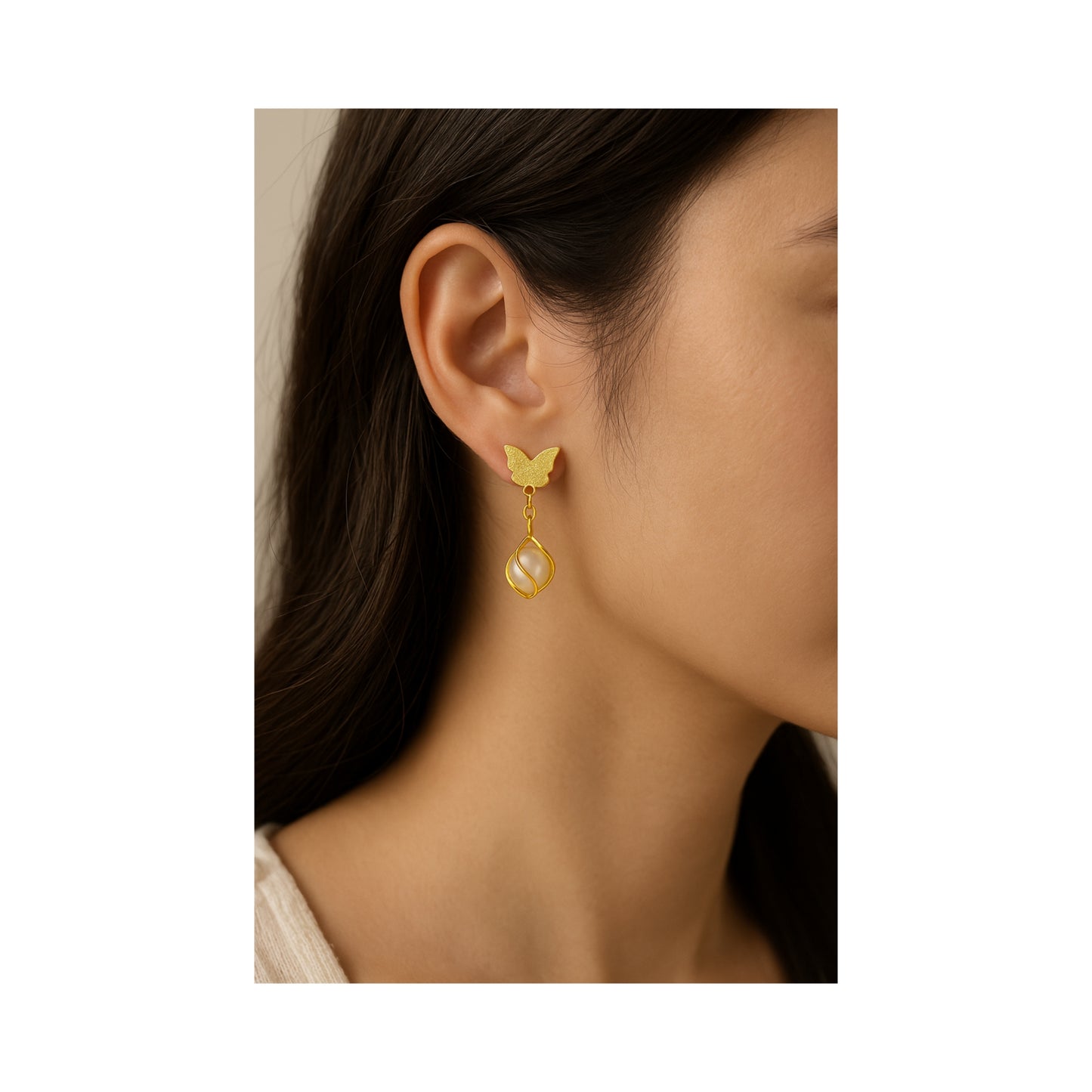 Butterfly Charm Pearl Drop Earrings - Gold, Silver Finish